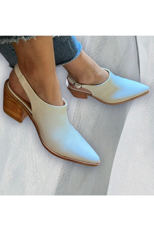 Scarpe con tacco a blocco con cinturino posteriore e stampa coccodrillo bianca [Pre-ordine] 