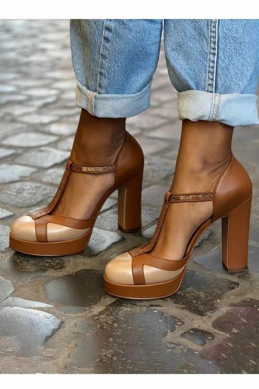 Retro Leather Two-Tone Glitter-Trim T-Strap Platform Block Heels