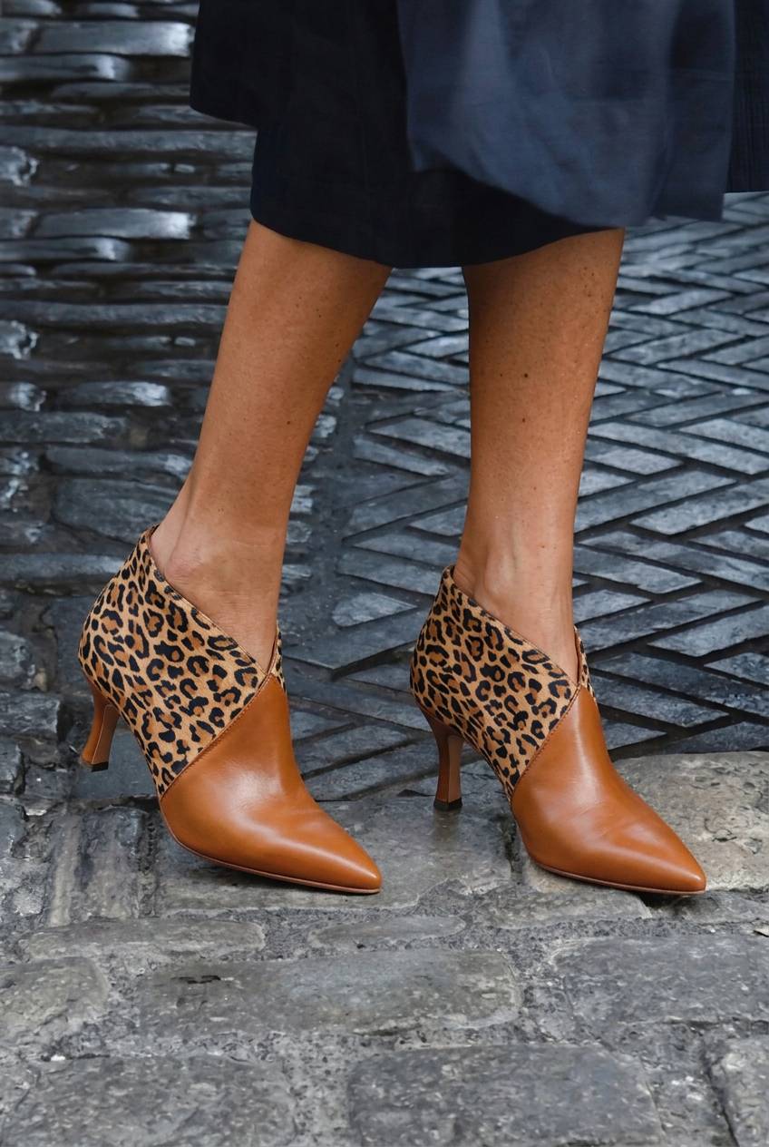 Patchwork V Cut Pointed Toe Kitten Heel Booties [Pre Order]