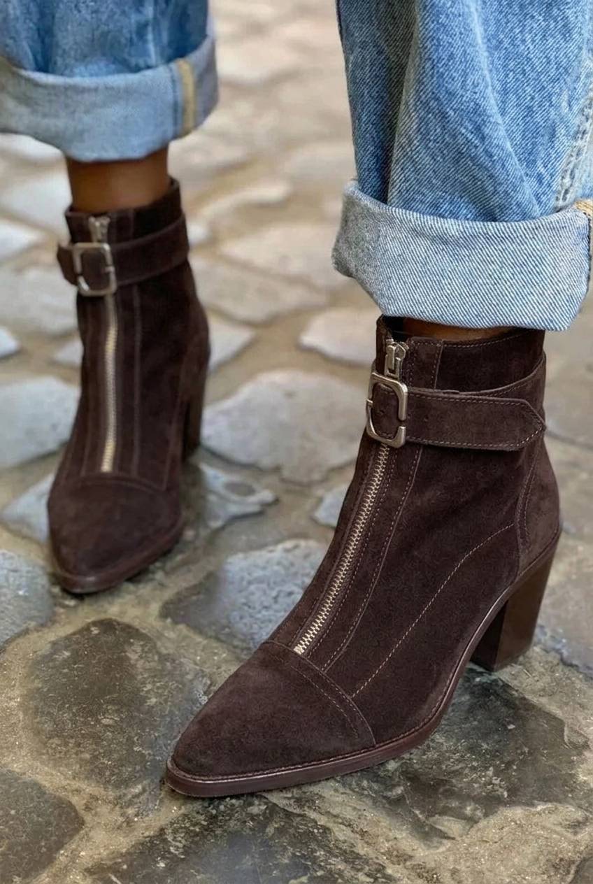 Suede Front Zip Buckled Pointed Toe Block Heel Ankle Boots [Pre Order]