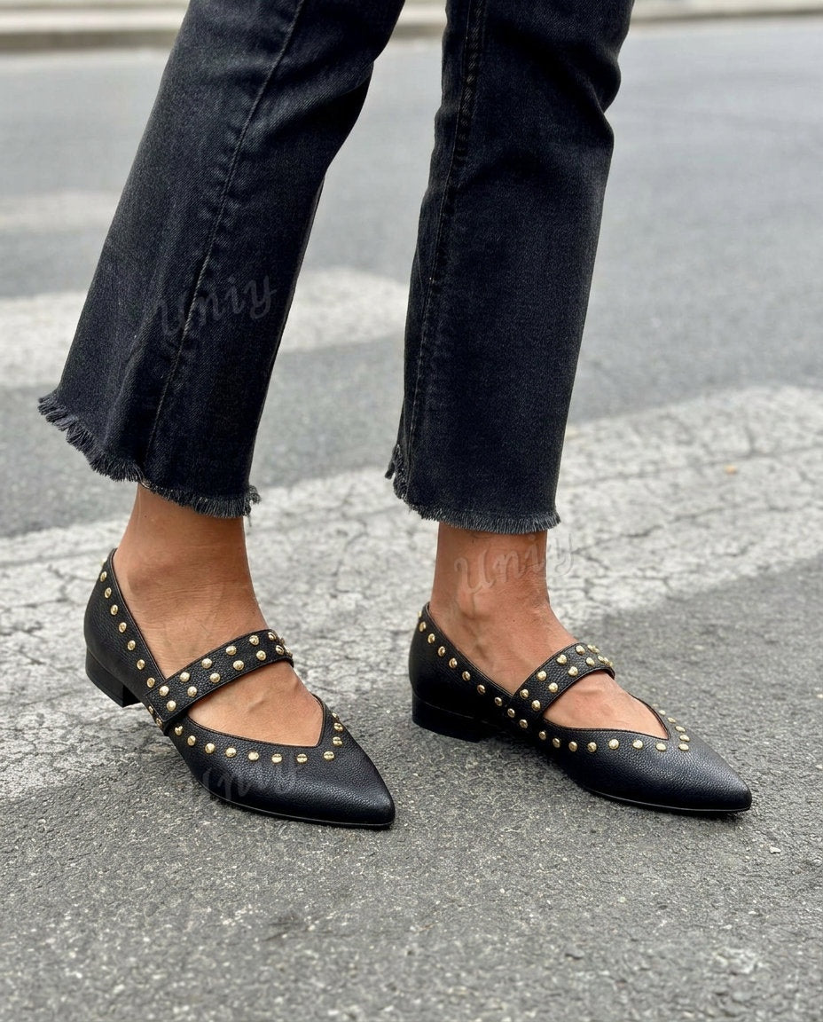 Studded Pointed Toe Mary Jane Flat Shoes [Pre Order]