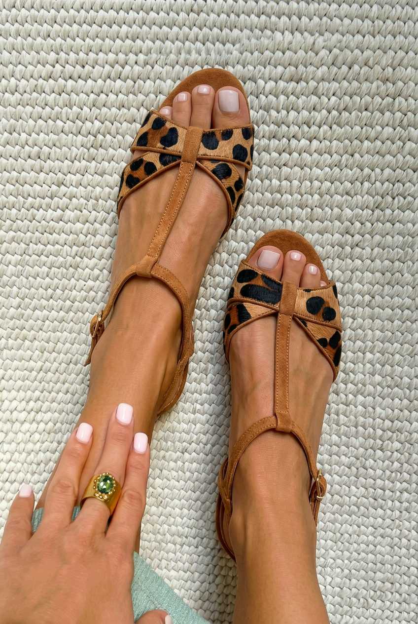 Animal Print T-Strap Peep Toe Flat Sandals [Pre Order]