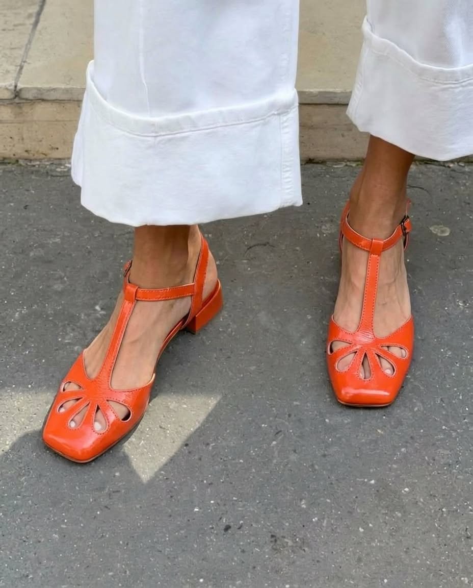 Floral Cutout Square Toe T-Strap Orange Block Heels [Pre Order]