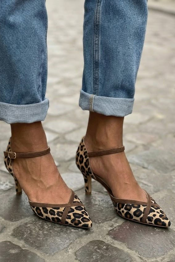 Leopard Print Pointed Toe Ankle Strap Brown Kitten Heels [Pre Order]