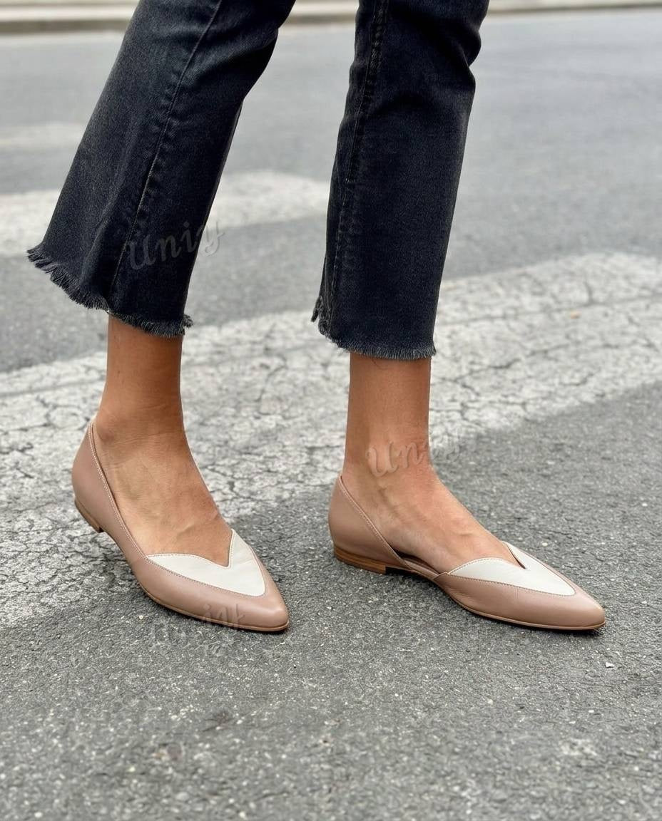 Patchwork V-Cut Pointed Toe Flat CasualShoes [Pre Order]