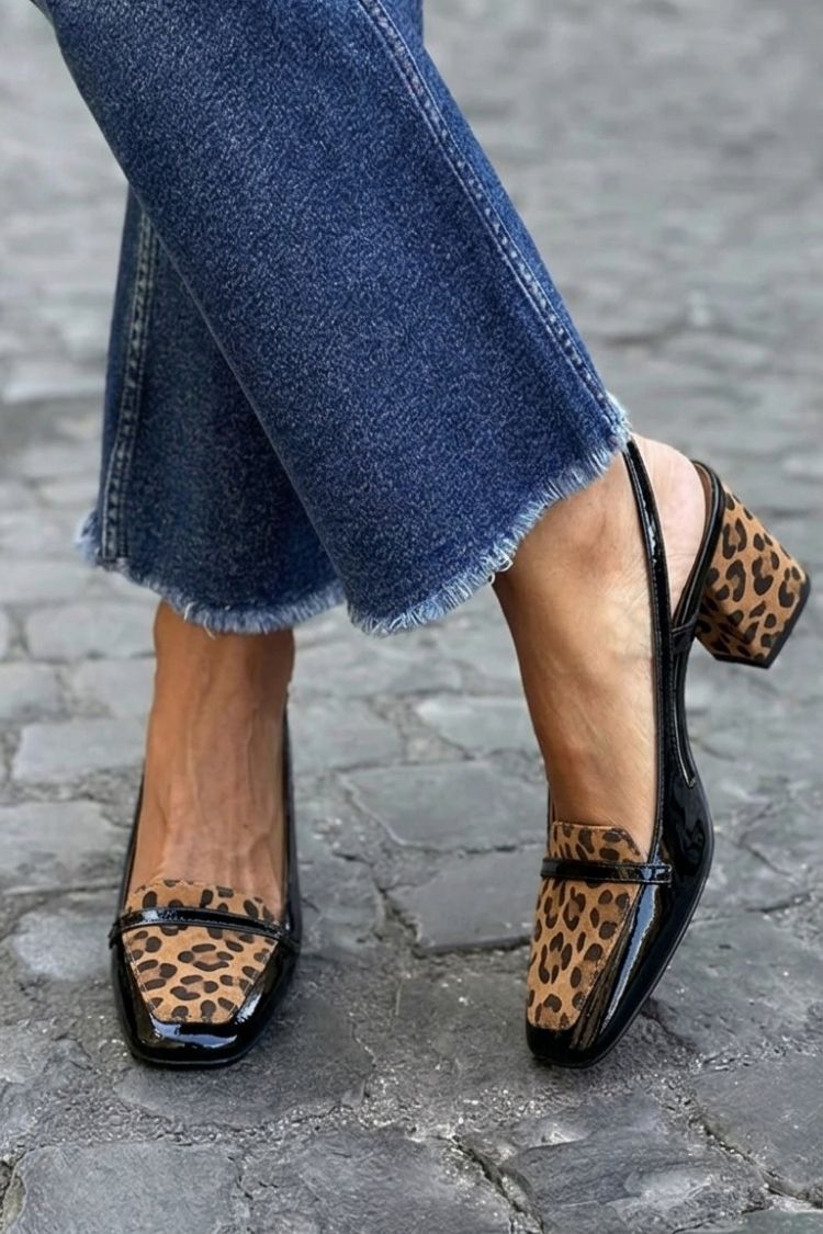 Patchwork Kare Burunlu Mor Slingback Kalın Topuklu Ayakkabı