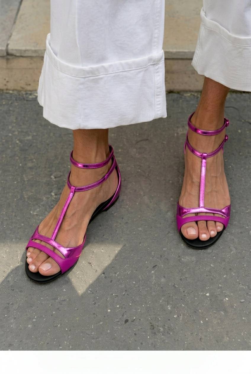 Metallic T-Strap Open Toe Flat Dress Sandals