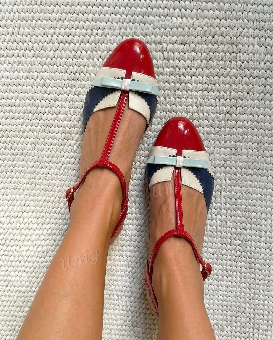 Retro Bowknot T-Strap Round Toe Low Heel Pumps [Pre Order]