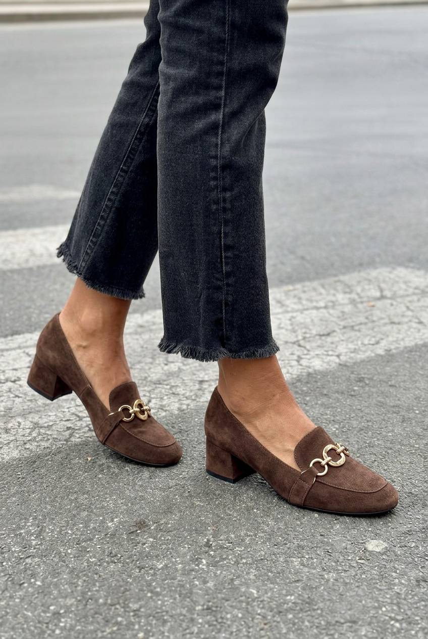 Suede Metal Buckle Square Toe Block Heel Loafers [Pre Order]