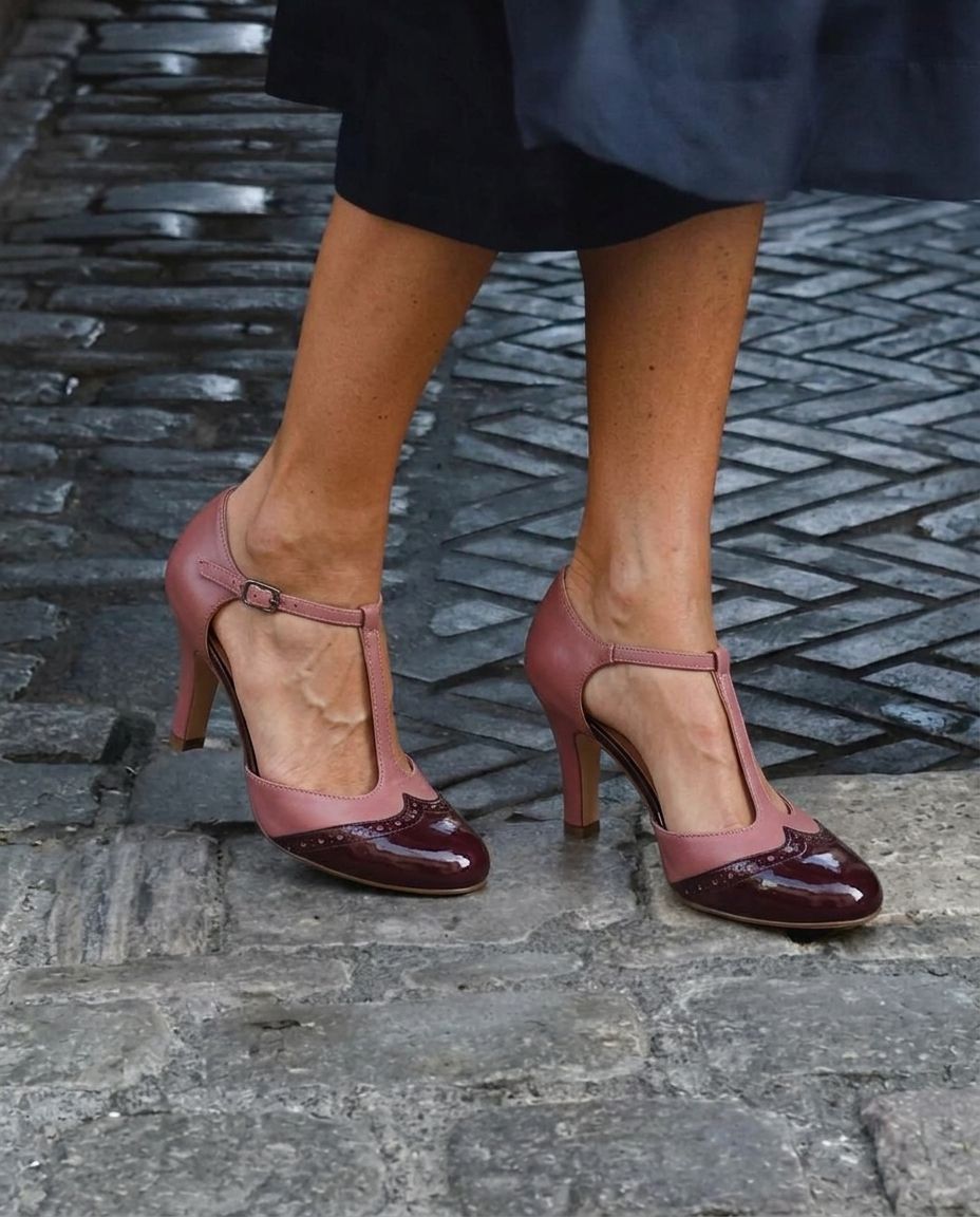Vintage Wingtip Round Toe T-Strap High Heel PumpsCOLOR: Burgundy [Pre Order]