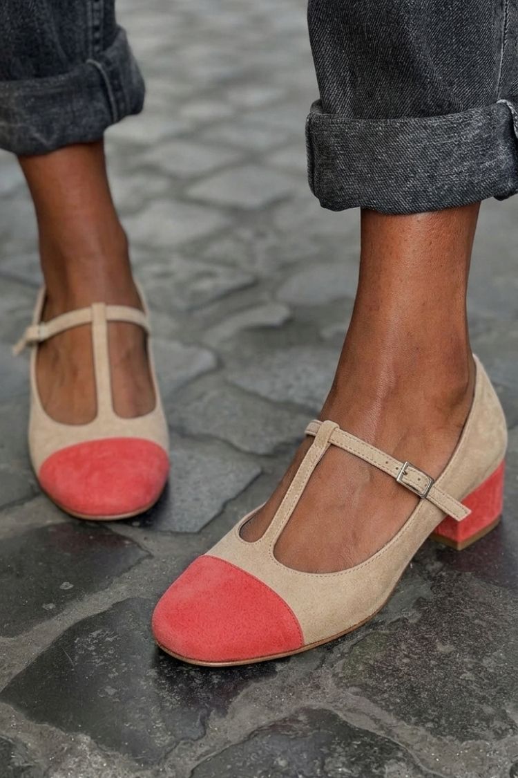 Round Toe Colorblock T-Strap Buckle Red Chunky Heels