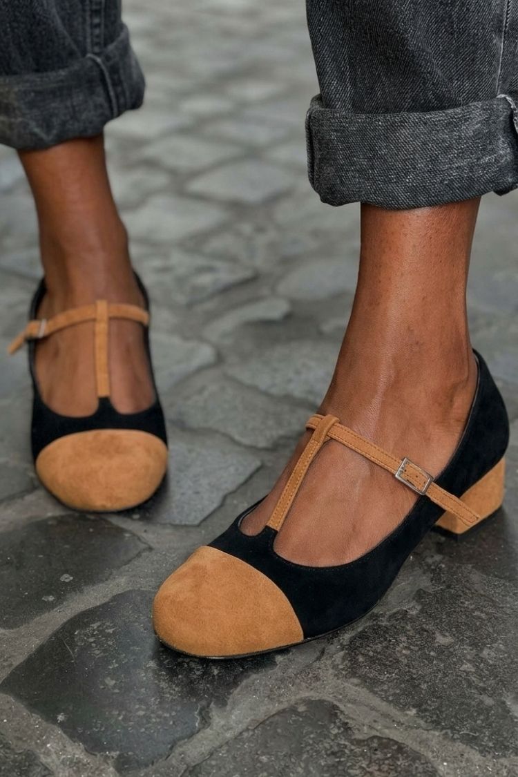Round Toe Colorblock T-Strap Buckle Red Chunky Heels