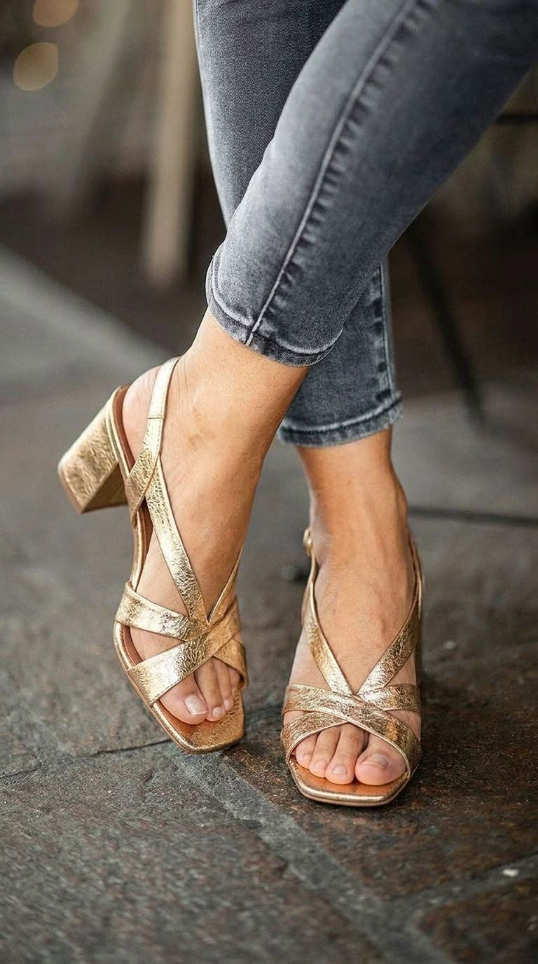 Textured Metallic Square Toe Slingback Gold Block Heels [Pre Order]