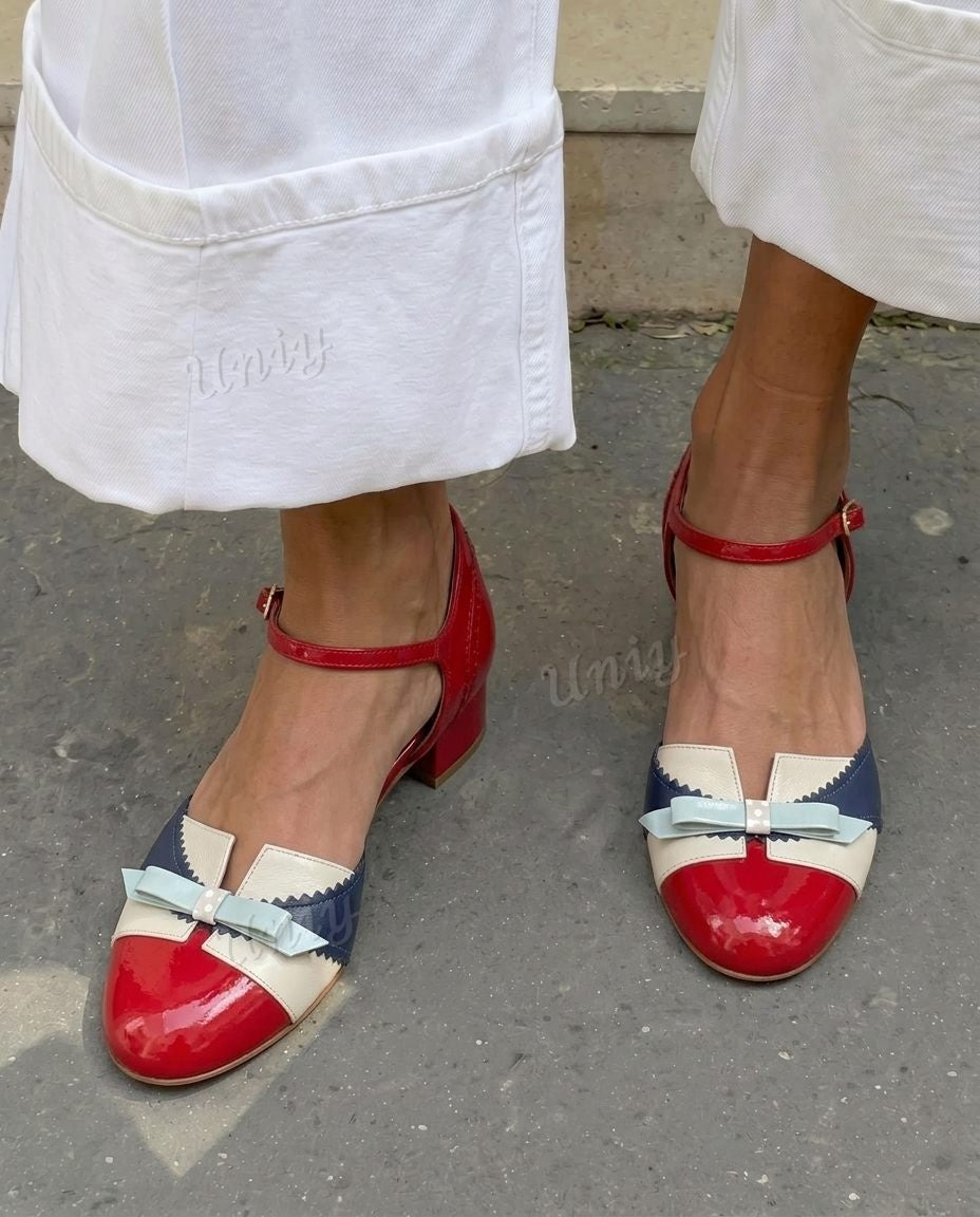 Scalloped Bow Detail Round Toe Ankle StrapLow Block Heels [Pre Order]