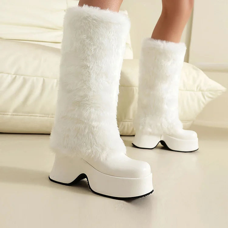 Faux Fur Trim Round Toe Chunky Heel Platform Long Boots