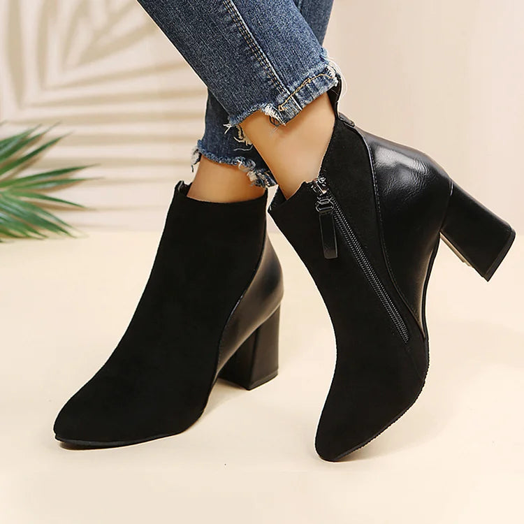 Patchwork Pointed Toe Chunky Heel Zipper Ankle Boots