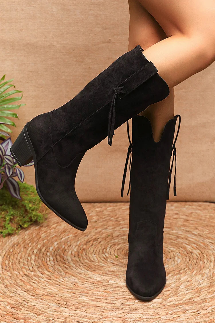 Fringed Trim Patchwork V Cut Pointed Toe Chunky Heel Mid Calf Boots