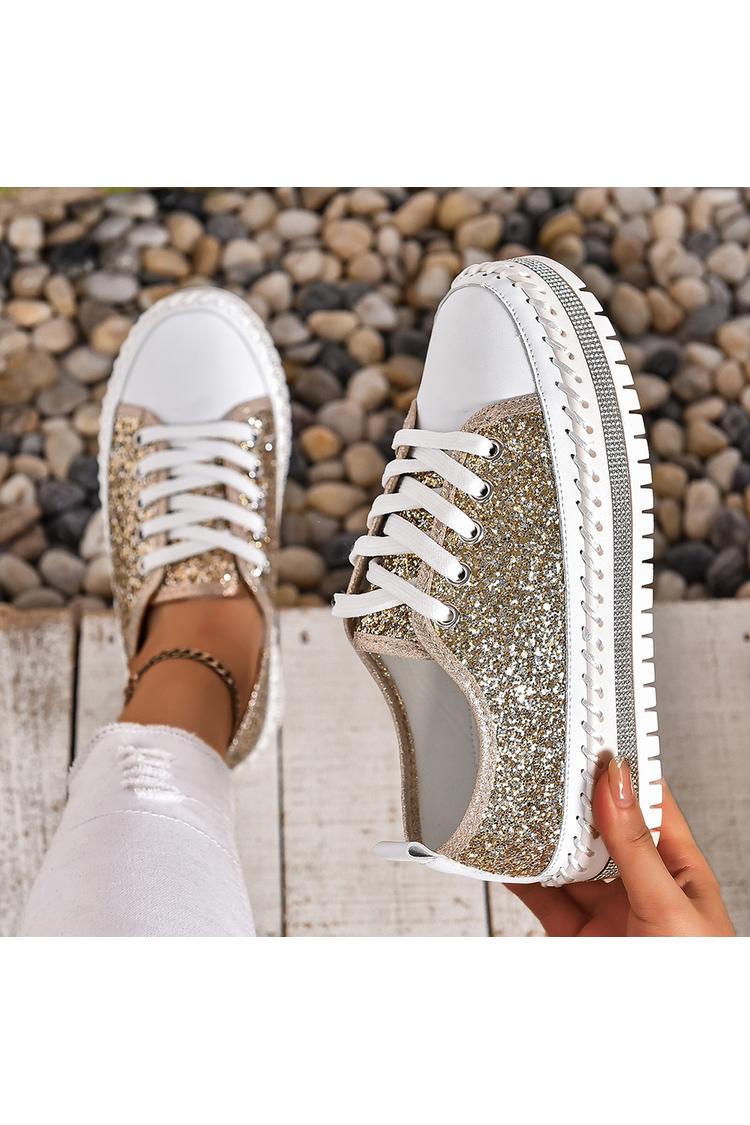 Sneakers casual con lacci e punta tonda con patchwork scintillante e dettagli cuciti 