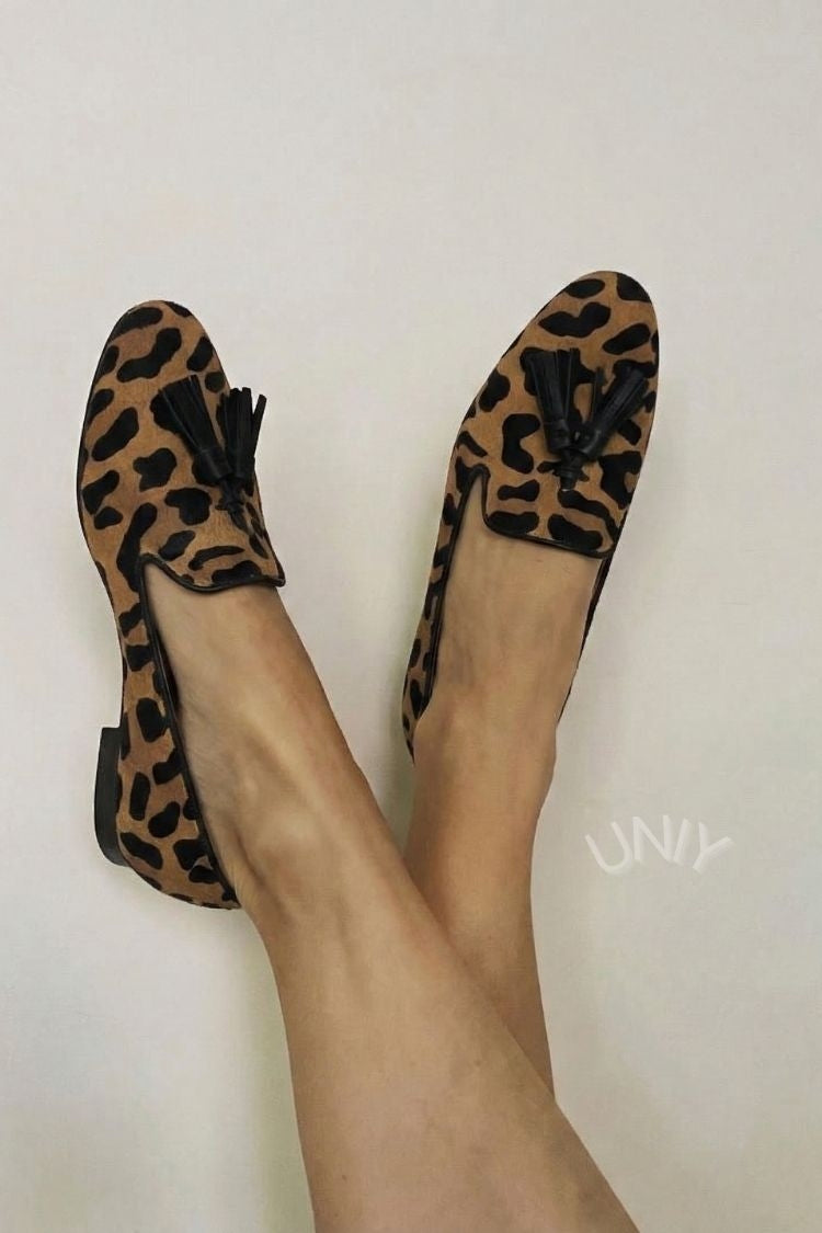 Vintage mokasíny s leopardím potiskem, chlupatou kůží a střapci [Předobjednávka]