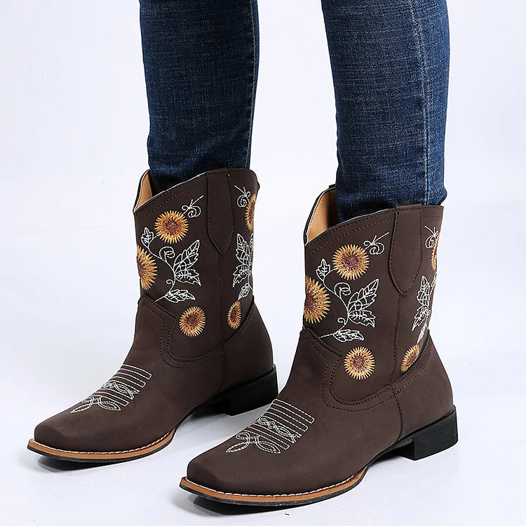 Sunflower Embroidery Stitch Detail Square Toe Cowgirl Boots