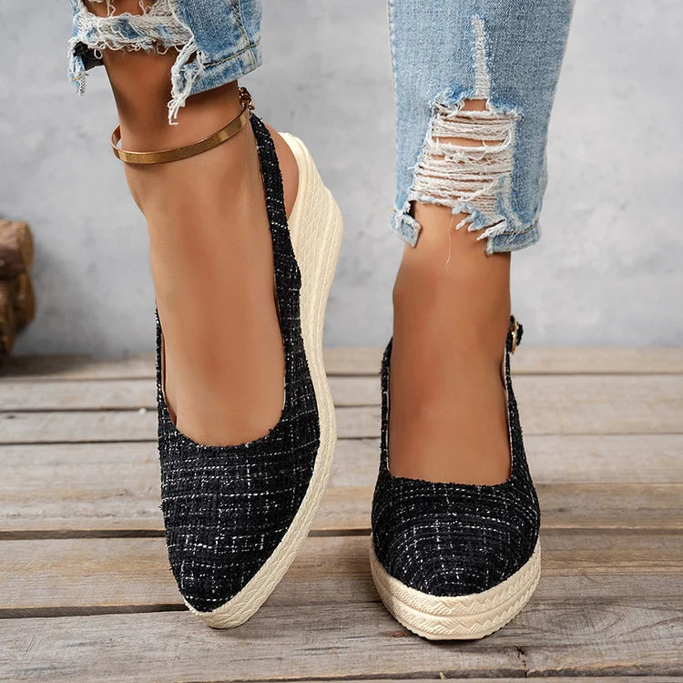 Raw Trim Pointed Toe Slingback Strap Buckle Wedge Sandals