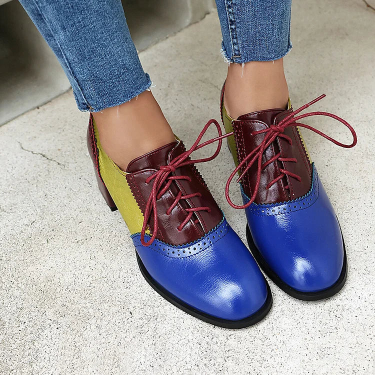 Lace Up Colorblock Round Toe Chunky Heel Brogue Oxfords