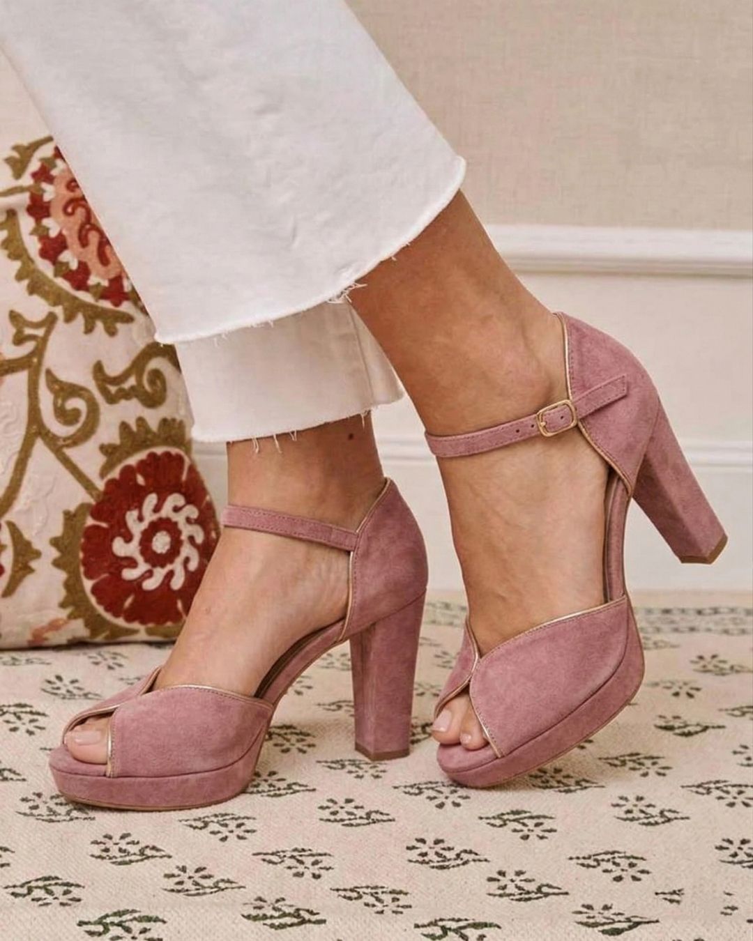 Dusty Rose Suede Gold Trimmed Peep Toe Platform Sandals [Pre Order]