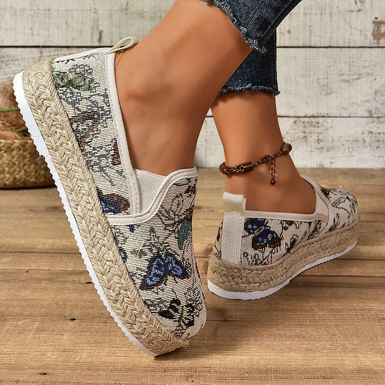 Casual Pattern Print Woven Platform Round Toe Canvas Loafers