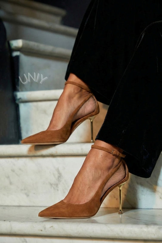 Elegant Brown Cutout Pointed Toe Metallic Stiletto Heels [Pre Order]