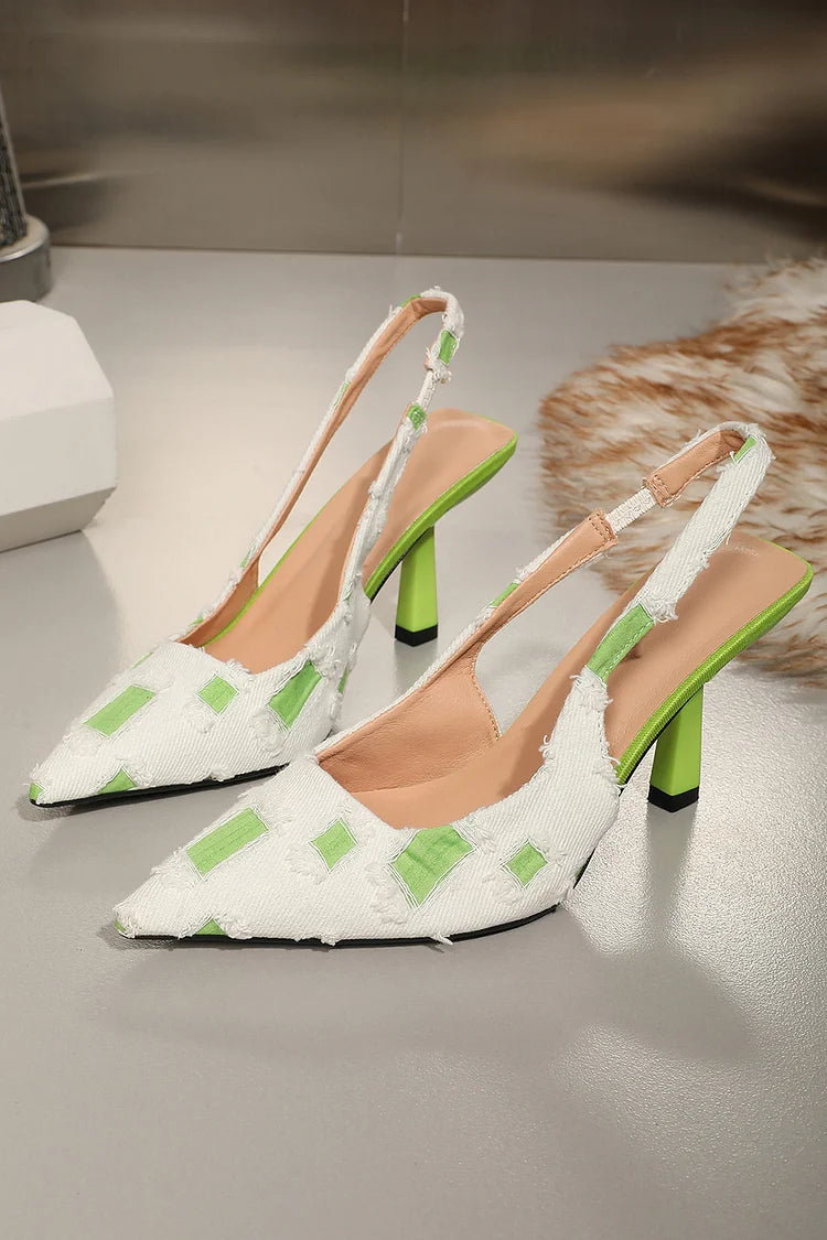 Colorblock Raw Trim Denim Pointed Toe Slingback Stiletto Heels
