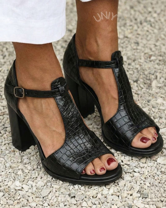 Zwarte krokodillenprint T-band stevige blokhak sandalen [Vooraf bestellen]