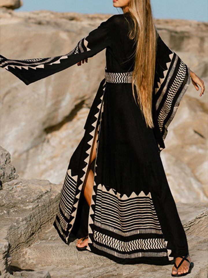 Black Bohemia Slit Long Sleeve Beach Cover Up