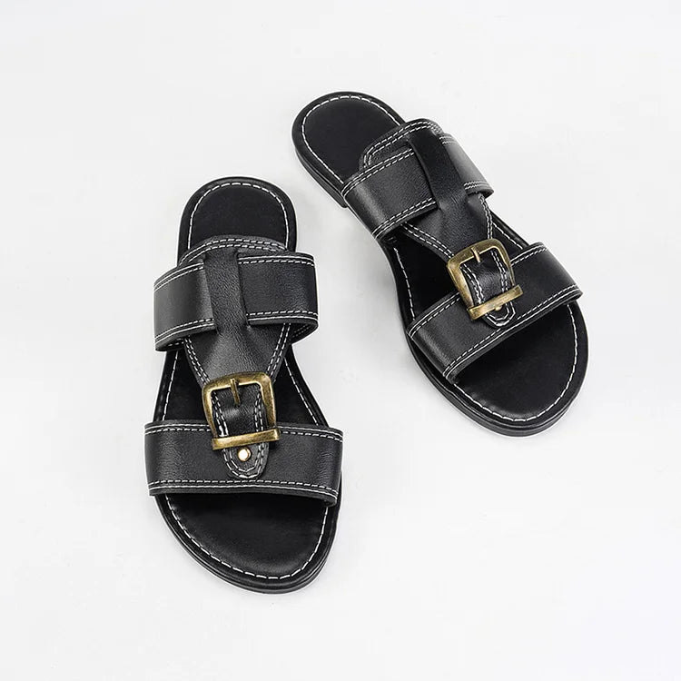 Pantofole casual con punta rotonda, fibbia e cinturino patchwork con dettagli cuciti 