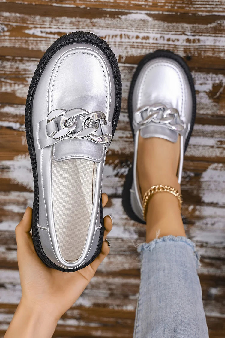 Metallic Sheen Round Toe Chain Decor Low Block Heel Loafers