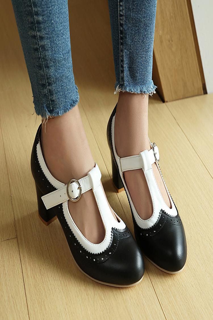 Colorblock T-Strap Buckle Round Toe Elegant Chunky Heels