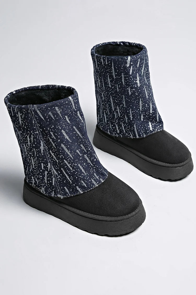 Denim Patchwork Fold Over Round Toe Low Platform Snow Boots