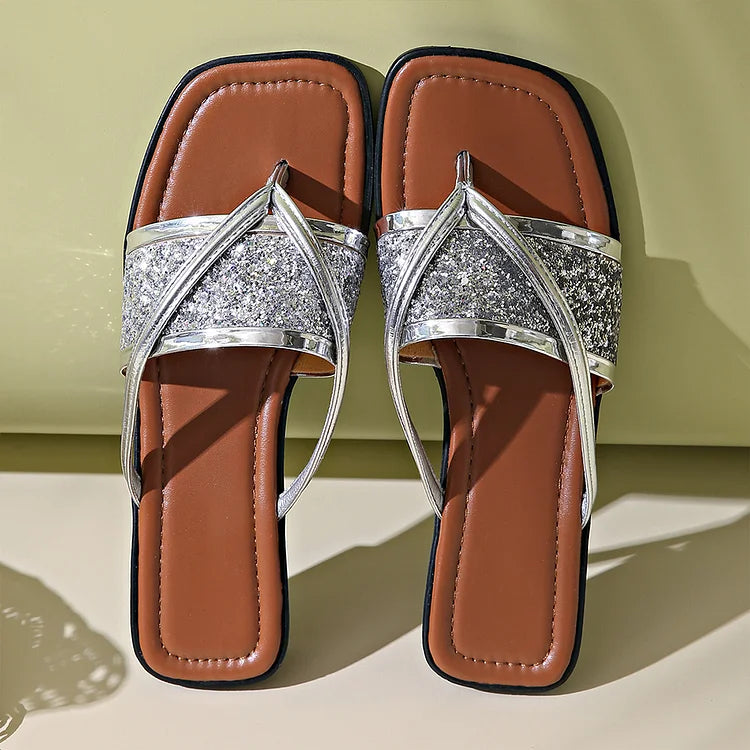 Metallic schimmernde glitzernde Flip-Flops mit quadratischer Spitze, lässige Hausschuhe