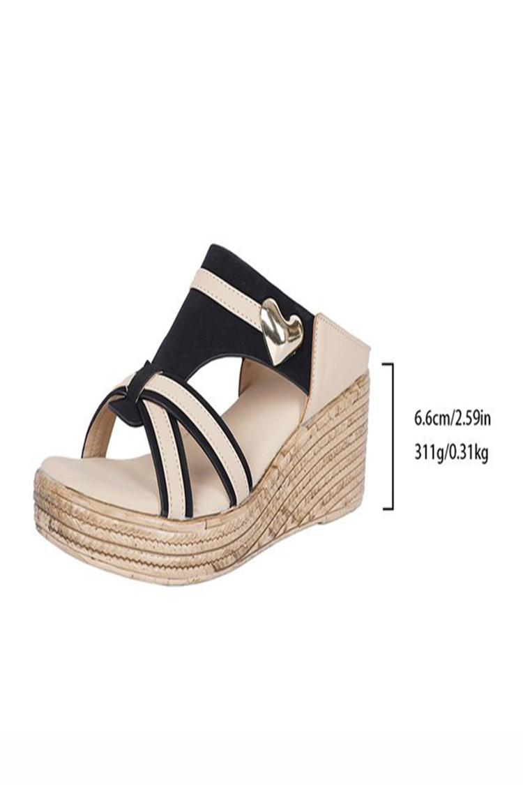 Metal Heart Decor Colorblock Round Toe Casual Wedge Slippers