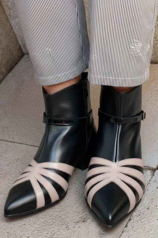 Black Pointed Toe Patchwork Leather Buckle Low Heel Ankle Boots [Pre Order]