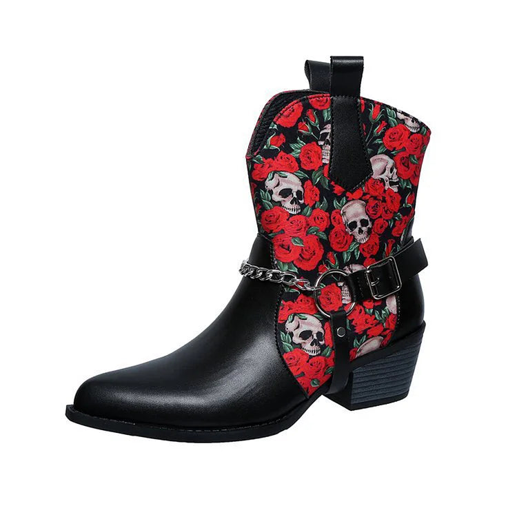 Ankle Boots mit Rosen-Schädelmuster und Kettendekor und spitzer Zehenpartie mit klobigem Absatz