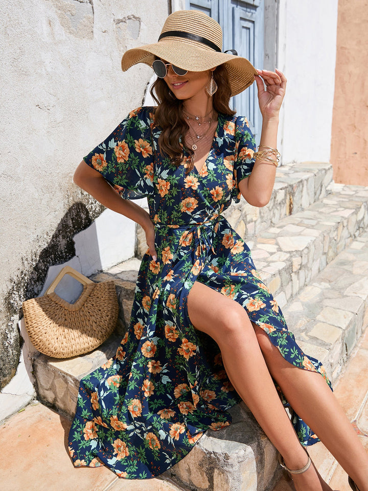 Beachy V-Neck Short Sleeve Dress with High Waist