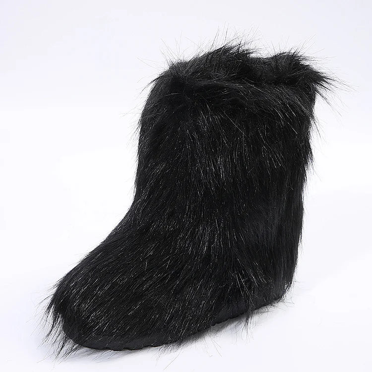 Multicolor Faux Fur Round Toe Low Platform Pull On Snow Boots