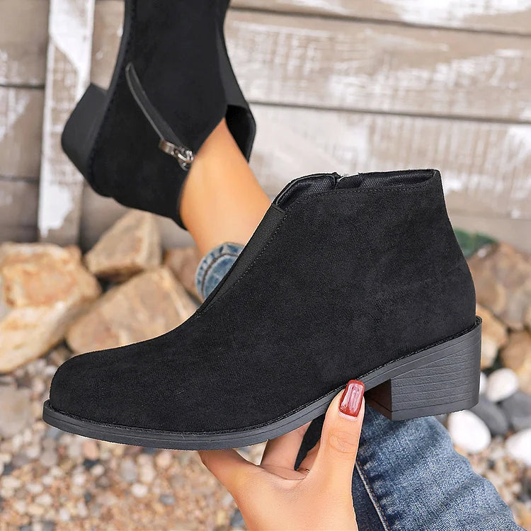 Patchwork Zipper Pointed Toe Chunky Heel Ankle Boots