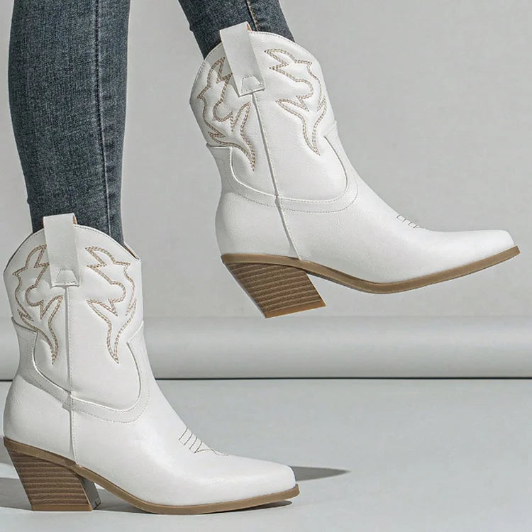 Embroidery Pointed Toe Chunky Heel Patchwork Pull On Western Boots