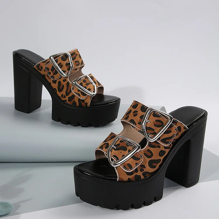 Fivelas de cinto grossas com estampa de leopardo decoração Peep Toe plataforma saltos grossos