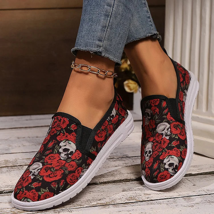 Halloween Skull Rose Peacock Feather Graffiti Print Slip On Round Toe Loafers