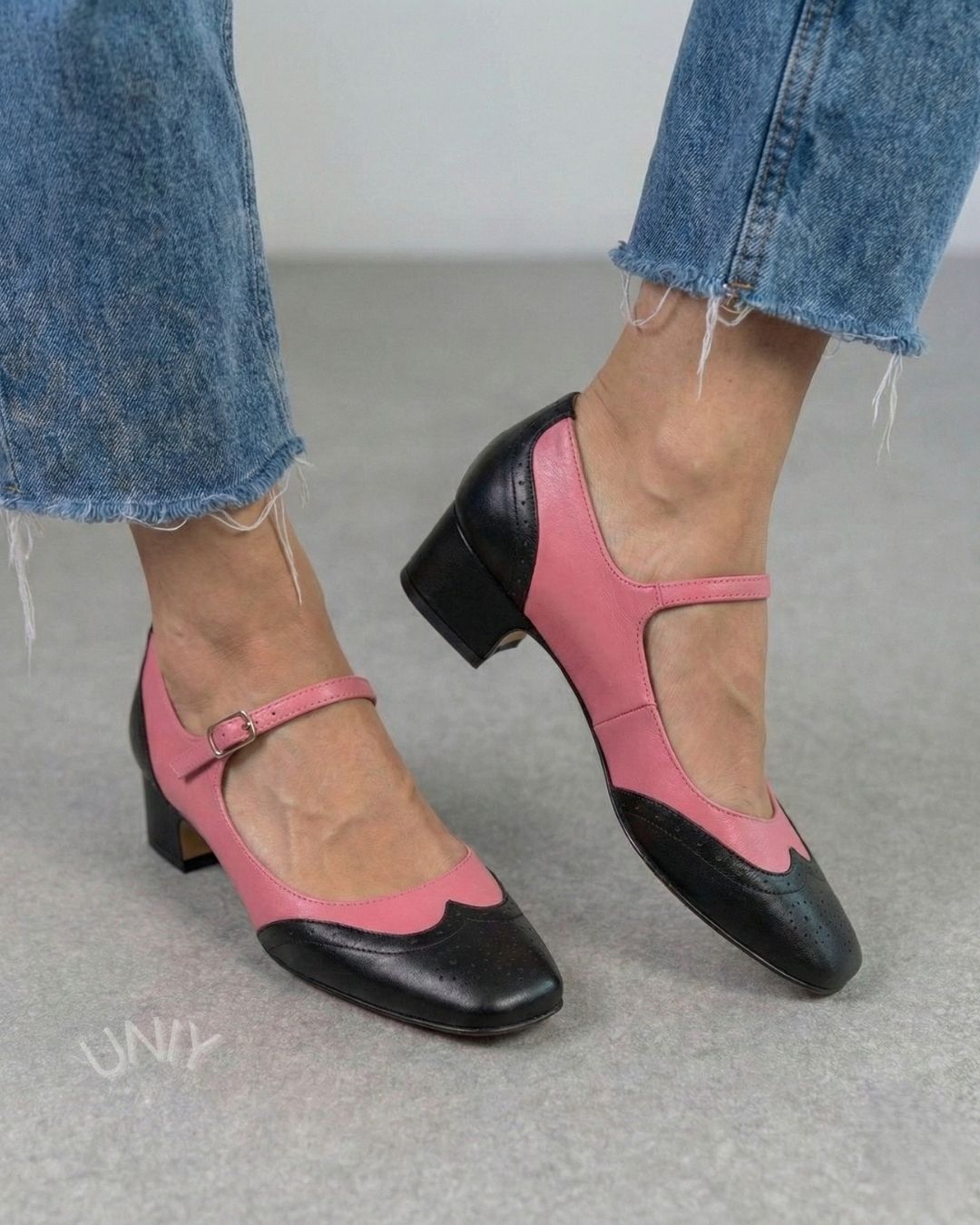 Elegant Black Pink Color Block Square Toe Strap Mid Heels [Pre Order]