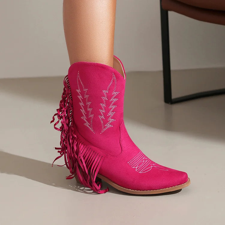 Fringed Trim Embroidery Pointed Toe Chunky Heel Western Boots