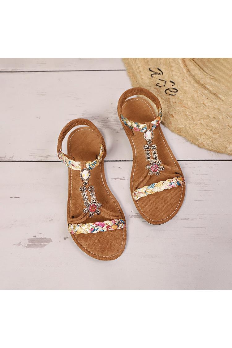 Multicolor Braided Strap Flower Decor Boho Style Round Toe Sandals
