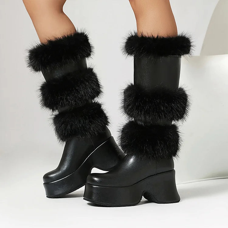 Solid Color Fluffy Trim Round Toe Chunky Heel Platform Mid Calf Boots